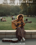 Musician playing guitar in Central Park on golden summer afternoon, open case, NYC skyline in background — Canva template for lifestyle brands