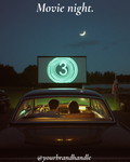 Drive-in movie night at dusk, couple in vintage car watching countdown screen, warm glowing ambience — Canva template for lifestyle brands