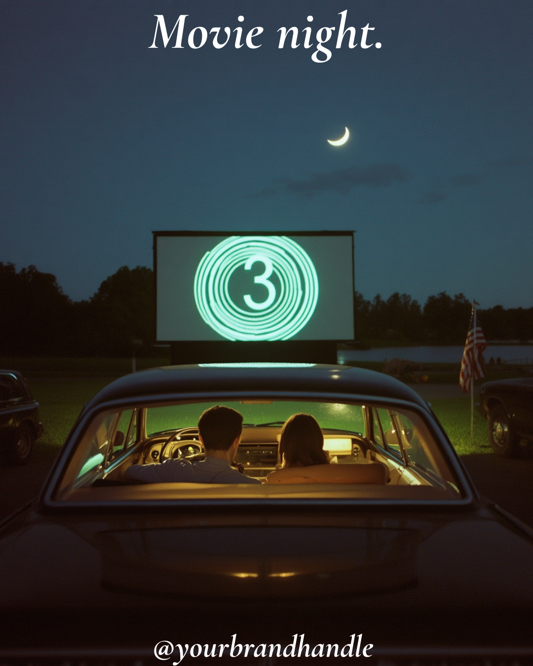 Drive-in movie night at dusk, couple in vintage car watching countdown screen, warm glowing ambience — Canva template for lifestyle brands