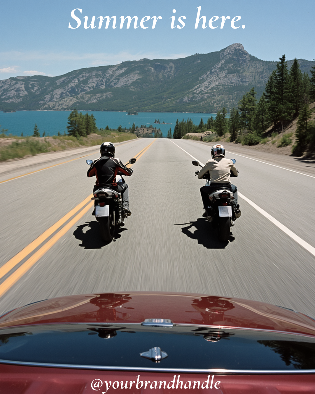 POV road trip along Lake Tahoe scenic byway with two sport motorcycles in lane, turquoise lake and mountain backdrop — Canva template for travel brands