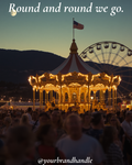 Vintage carousel glowing at dusk at county fair, American flag on top, Ferris wheel and crowd behind — Canva template for lifestyle brands