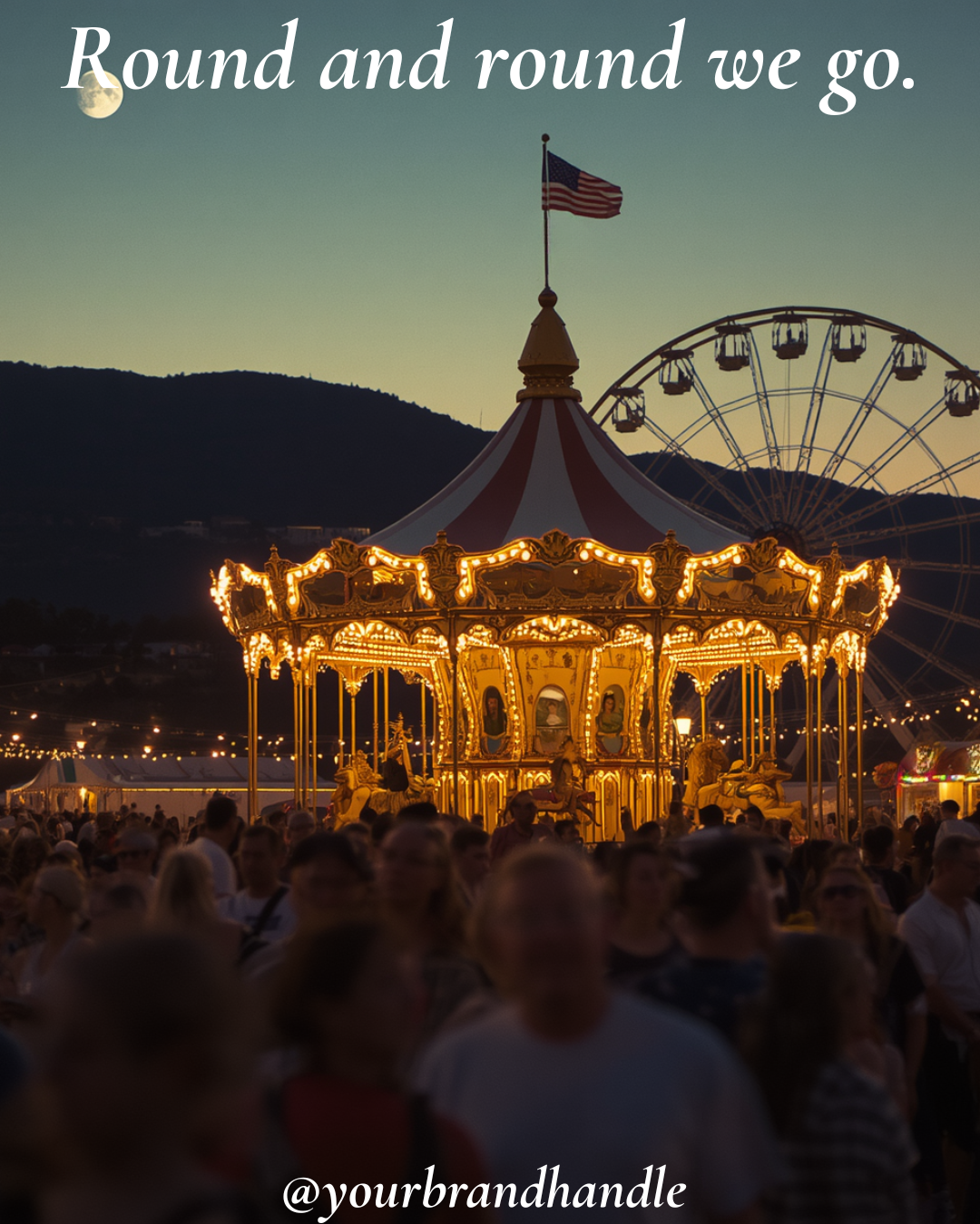 Vintage carousel glowing at dusk at county fair, American flag on top, Ferris wheel and crowd behind — Canva template for lifestyle brands