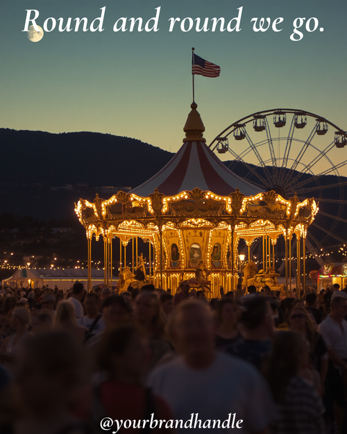 Vintage carousel glowing at dusk at county fair, American flag on top, Ferris wheel and crowd behind — Canva template for lifestyle brands