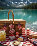Styled Fourth of July picnic spread with jute basket, American flags, striped candles, strawberries and alpine lake backdrop — Canva template