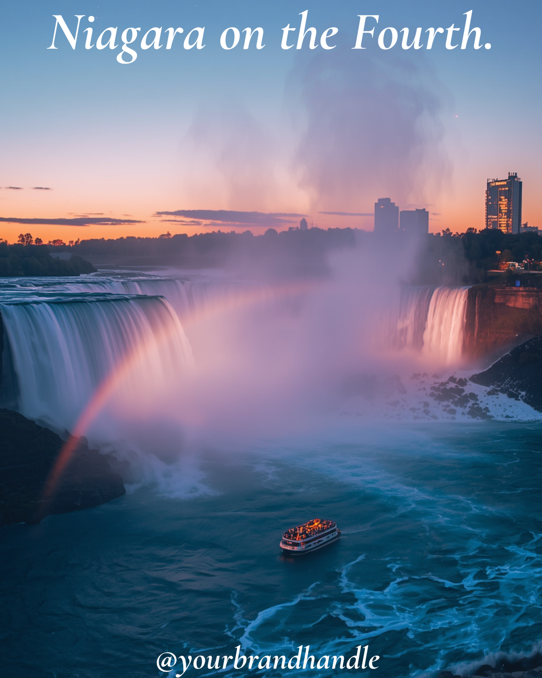 Niagara Falls Horseshoe Falls at dusk with red white and blue mist glow and tourist boat below — Canva template for travel and Americana brands