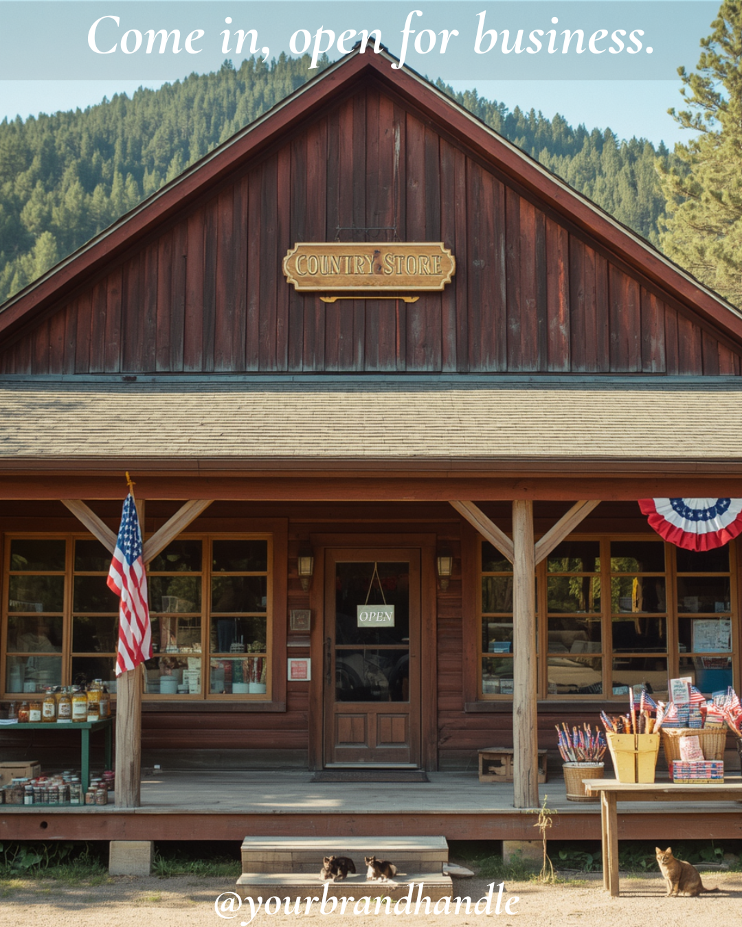 Rustic mountain-lodge country store exterior with fireworks display, honey jars, American flags and cats on the porch — Canva template for Americana brands