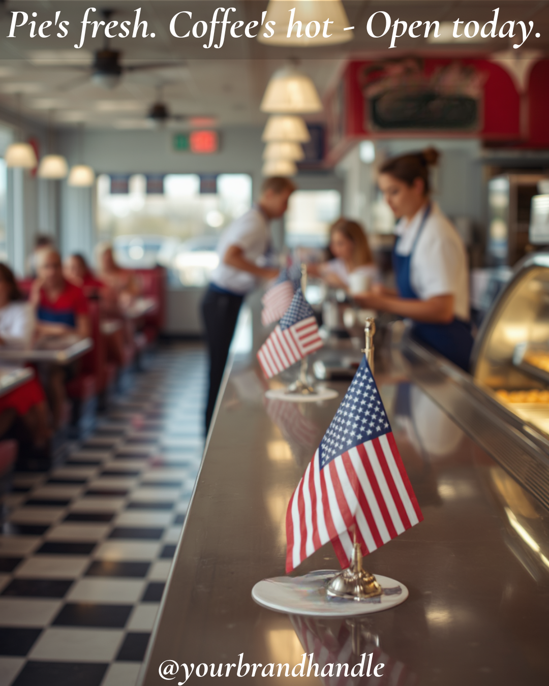 Classic American diner interior with small flags, pennants, pie case and checkerboard floor — Canva template for restaurants and Americana brands
