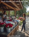 Bryant Park flower stall with patriotic red, white and blue blooms, florist and customer in conversation — Canva template for florists and New York brands