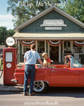 Vintage roadside gas station at golden hour with classic convertible, station attendant and dog in bandana — Canva template for Americana brands