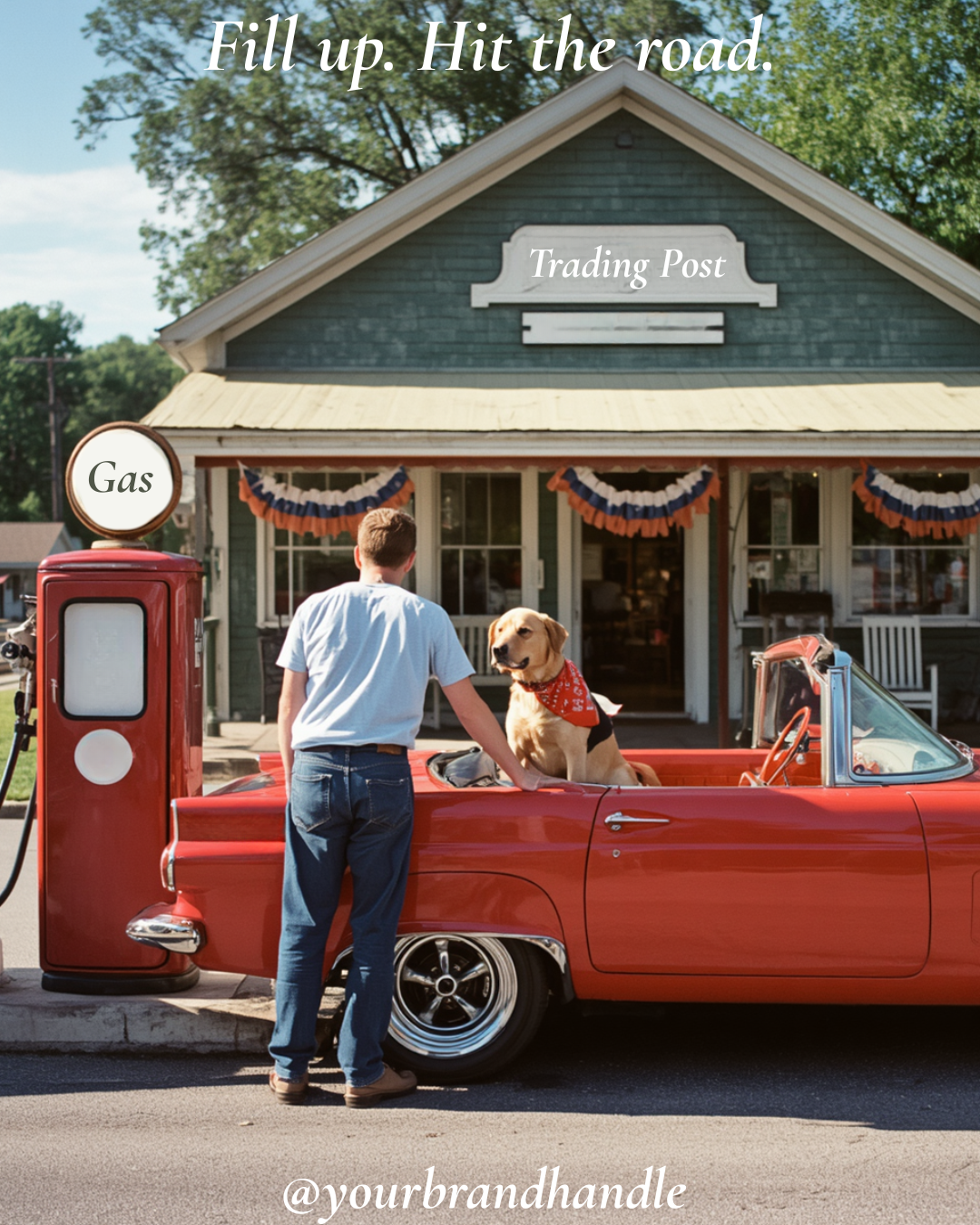 Vintage roadside gas station at golden hour with classic convertible, station attendant and dog in bandana — Canva template for Americana brands