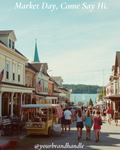Small-town Main Street outdoor market stalls with lemonade stand, bunting and patriotic decorations — Canva template for small businesses