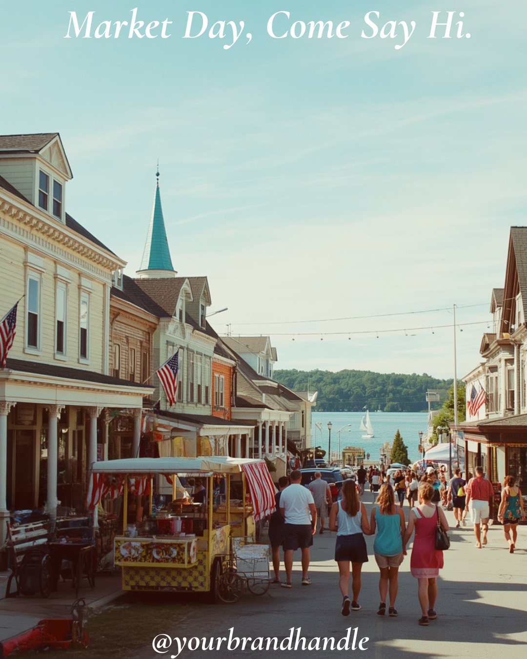 Small-town Main Street outdoor market stalls with lemonade stand, bunting and patriotic decorations — Canva template for small businesses