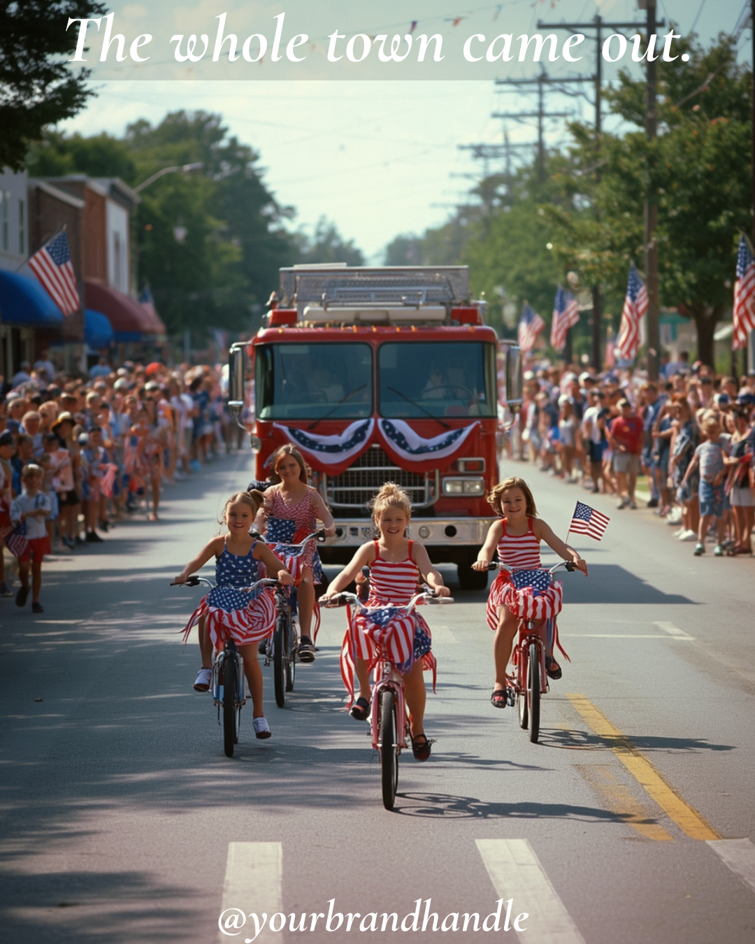 Small-town Fourth of July Main Street parade with decorated bicycles, marching band and American flags — Canva template for Americana brands