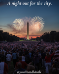 Washington Monument silhouette against fireworks sky, dense crowd on the National Mall with American flags — Canva template for July 4th brands