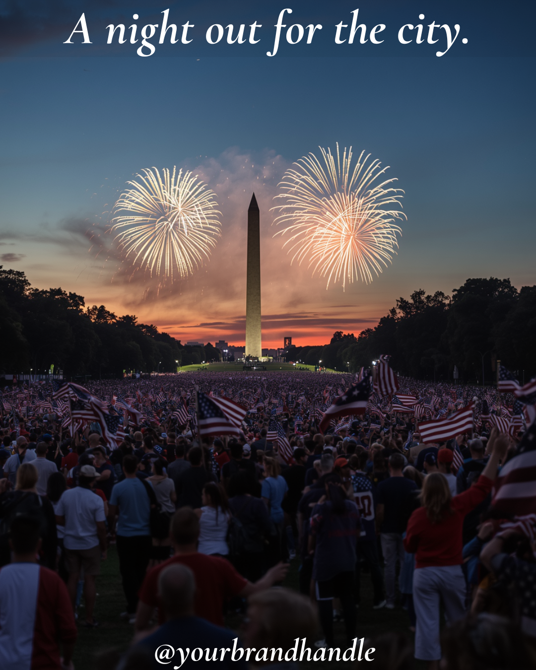 Washington Monument silhouette against fireworks sky, dense crowd on the National Mall with American flags — Canva template for July 4th brands
