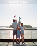 Family at ferry railing beside Statue of Liberty, New York harbor midday, backs to camera — Canva template for travel and Americana brands