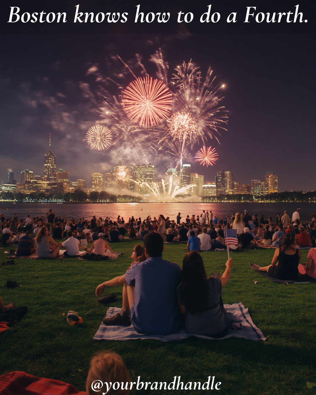 Boston Charles River Esplanade Fourth of July fireworks over packed crowd with city skyline at night — Canva template for lifestyle brands