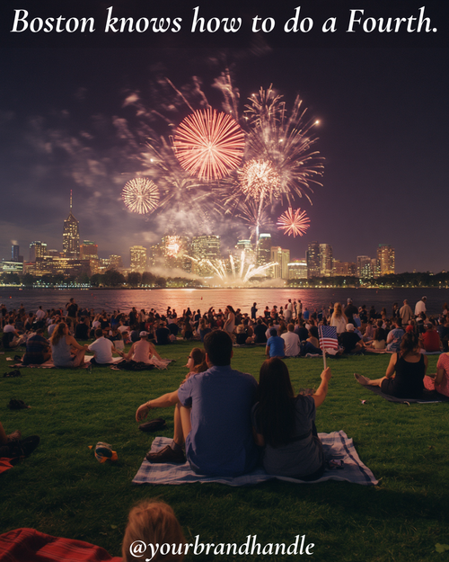 Boston Charles River Esplanade Fourth of July fireworks over packed crowd with city skyline at night — Canva template for lifestyle brands
